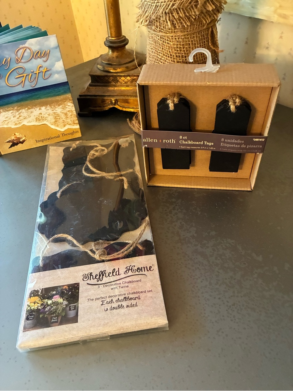 NEW WITH TAGS, 2 sets of BLACK Matt finish chalkboard tags, all have jute hanger